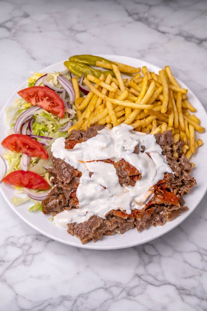 Kebabtallrik med pommes – Kebab och frasiga pommes med både vitlökssås och rödsås
